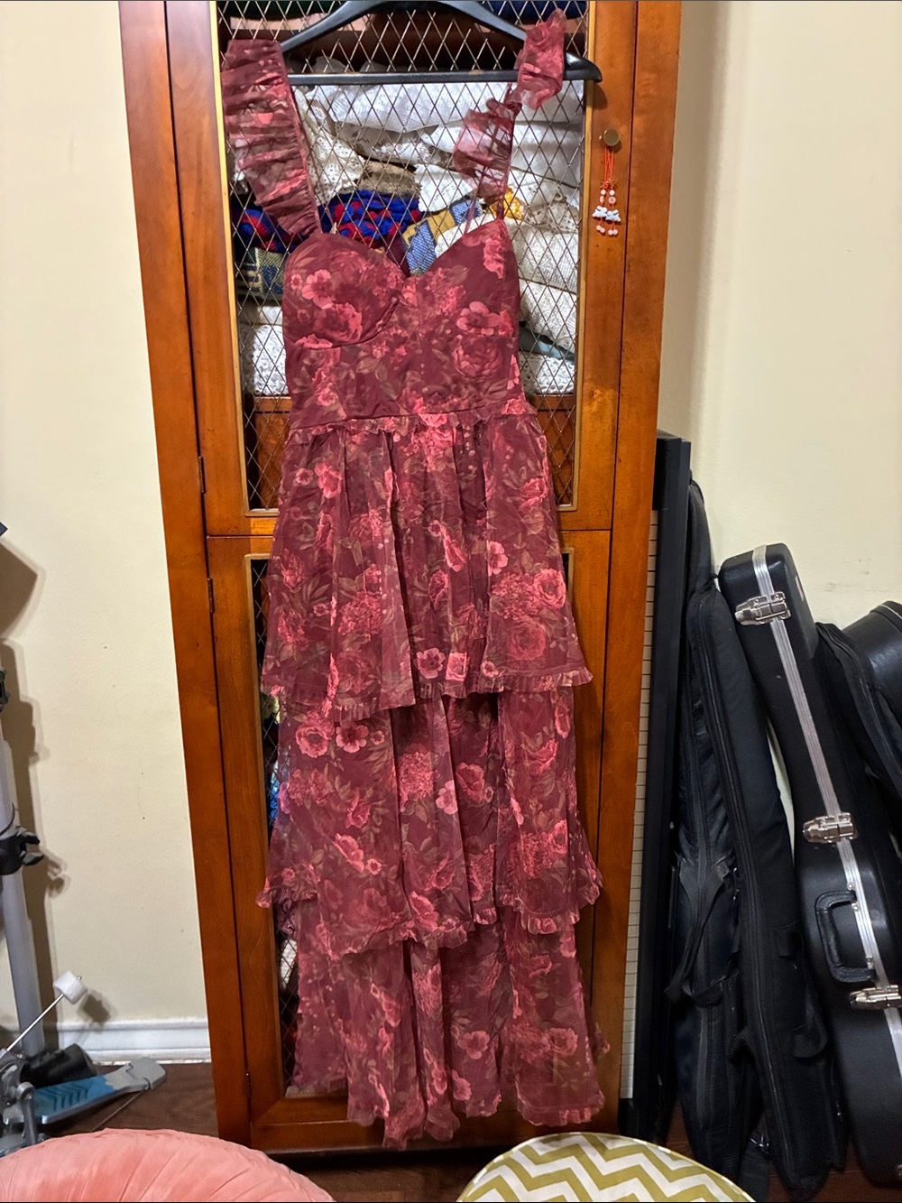 Tiered Floral Ruffle Dress - Burgundy Pink